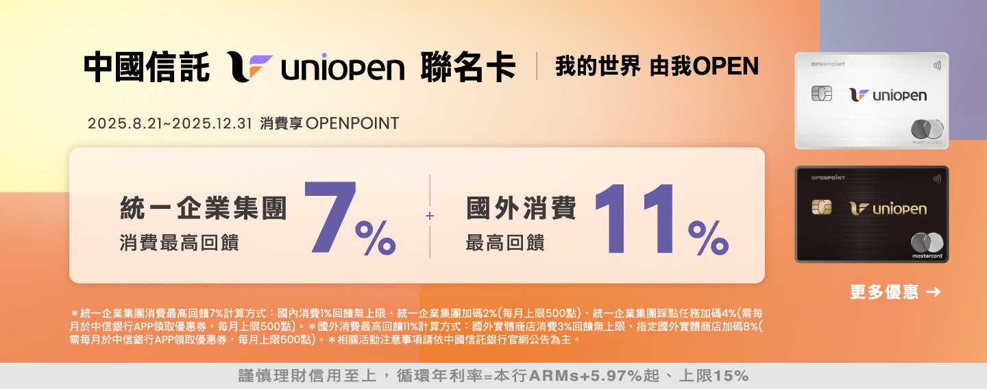 【中國信託 uniopen聯名卡】