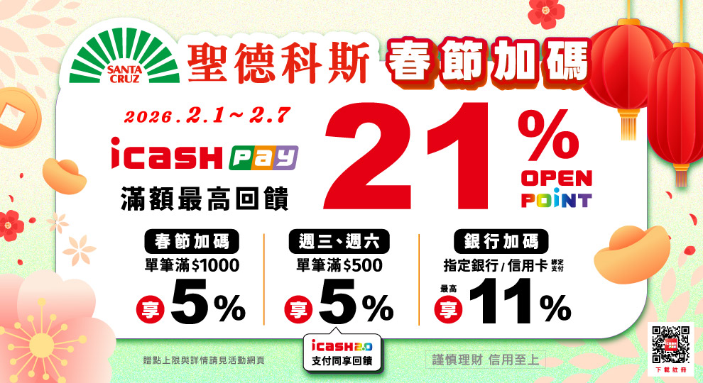 【春節加碼 icash Pay疊加銀行活動最高享21%】
